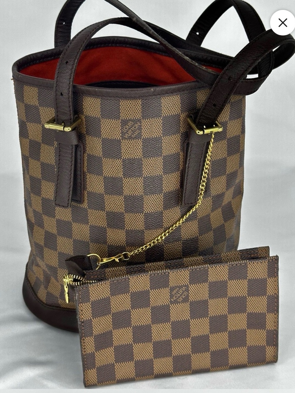 Louis Vuitton Brown Damier Ebene Bucket Bag with Red Interior & Pouch